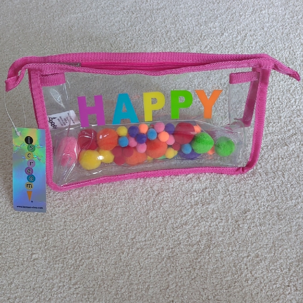 Transparent Bag with Colorful Pom Poms And Pink Trim
